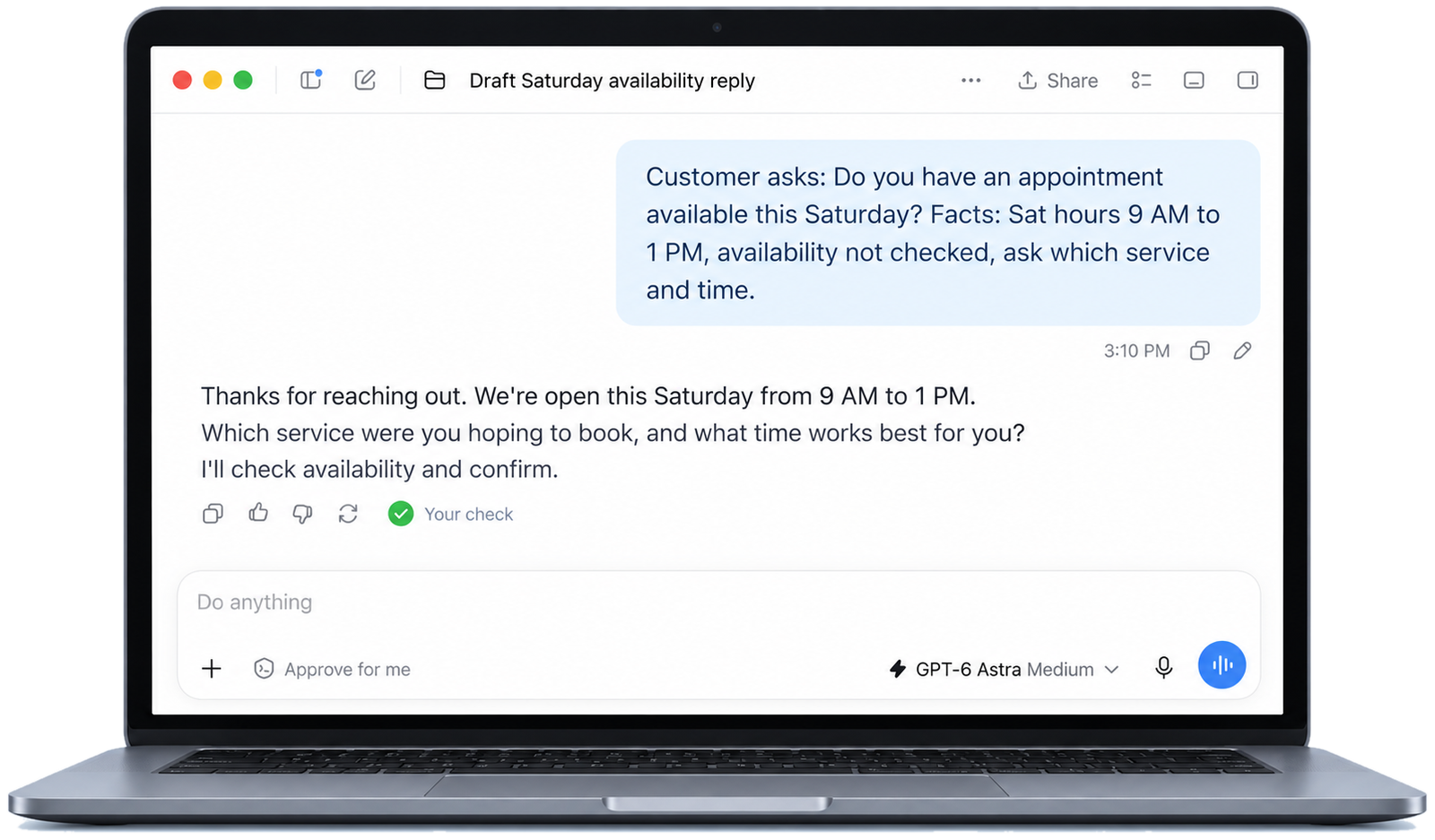 Mockup of an AI chat window drafting a reply about Saturday availability, with a green “Your check” badge under the draft.